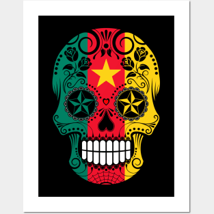 Cameroon Flag Sugar Skull with Roses Posters and Art